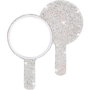 Framendino, 1 Pack Rhinestone Handheld Mirror Round Bling Glitter Cosmetic Dazzling Portable Hand Mirrors with Handle for Women White