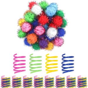 SEVENKA Cat Toys 30 Pcs Color Flash Balls and 36 Spring Toys, 1.1in Small Soft Cat Ball Tinsel Pom Poms, Kitten Toy, Plastic Spiral Springs for Swatting, Biting, Hunting, Active Healthy Play