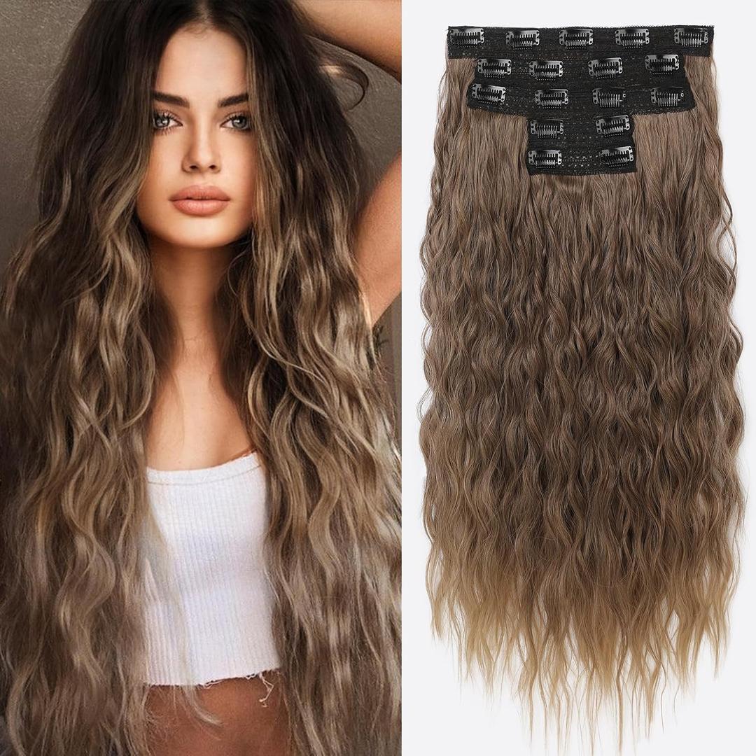 REECHO Clip in Hair Extensions, 5PCS Ash Blonde Hair Extensions 24" Thick Long Loose Waves hair extensions HE002 Invisible Lace Weft  Dark Ash Blonde with Golden Ends