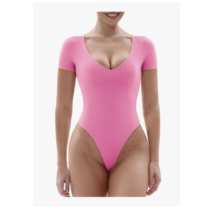 SHAPERX Bodysuit for Women Fit Everybody V Neck Short Sleeve T-shirt Tops with Thong Design, Size Medium