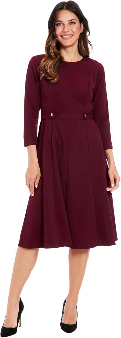 London Times Women's Dresses Crepe Fit and Flare Midi with Waist Button Detail, Arresting Burgundy, 10