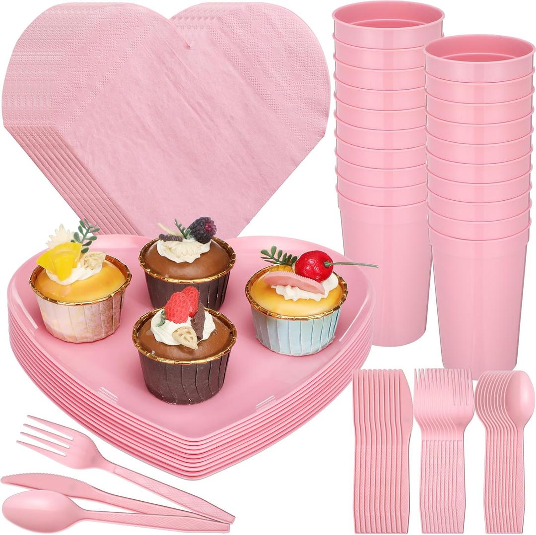 SiliFine 60 Pcs Valentines Day Party Supplies Bulk Serves 10 Plastic Dinnerware Set Disposable Plates Napkins Cups Spoons Forks Knives for Valentine's Party Decorations (Pink)