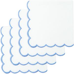 PurpleEssences Scalloped Embroidery Cloth Napkins Table Decor Fall Thanksgiving 100% Cotton Set of 4-18 x 18 inch - White - Edges - Light Blue