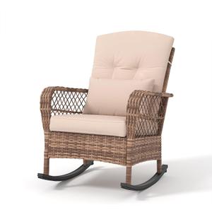 Outdoor Wicker Rocking Chair with Thick Cushions, Rattan Patio Chairs with Lumbar Pillow, Removable Washable Covers, All Weather Patio Furniture for Porch Balcony Garden, Beige