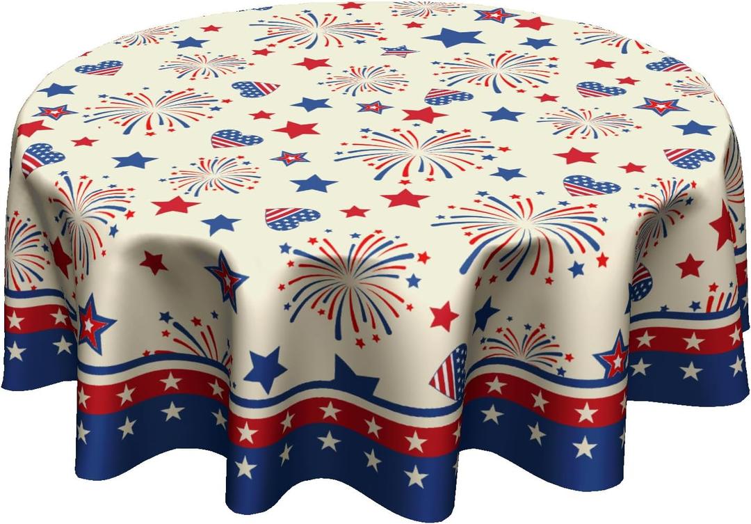 4th of July Tablecloth Patriotic American Flag Round Tablecloth 60 Inch Independence Day Memorial Day Table Cloth for Farmhouse Kitchen Decor Polyester Fabric Table Covers for Party Outdoor Camping