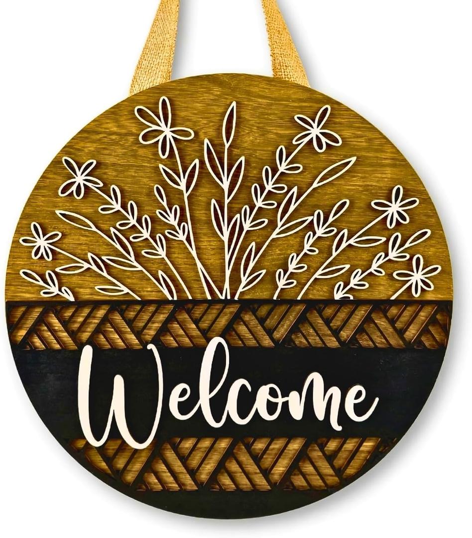 12" 3D Welcome Sign for Front Door Decor - Rustic Round Wood Wreath Wall Hanging - Modern Farmhouse Porch Decor - Housewarming, Wedding & New Home Gift - Spring Summer Decoration