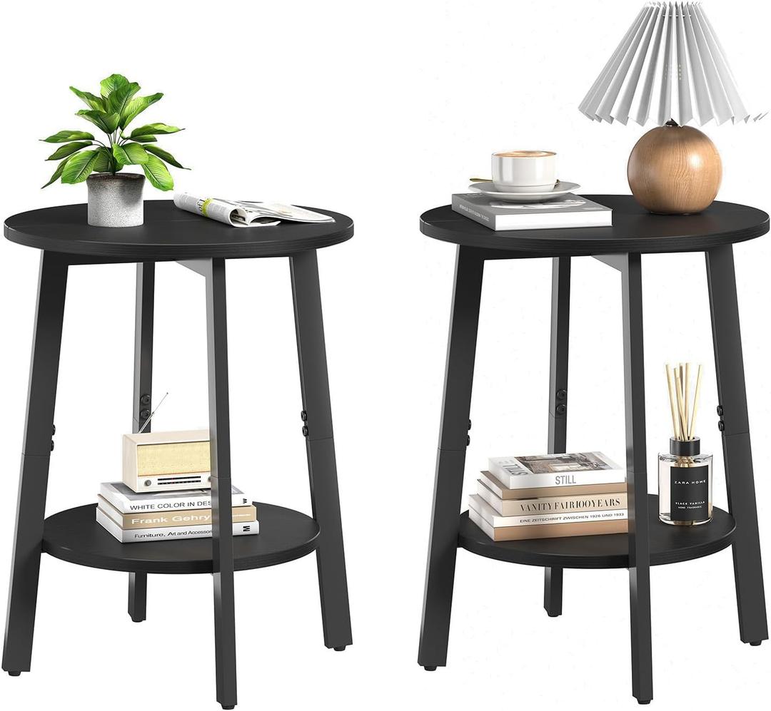 Side Table Set of 2, Small Round End Table with Storage Shelf for Small Space, 2-Tier Black Bedside Table Sofa Couch Table, Nighstands Set of 2 Accent Table for Living Room, Bedroom, Black