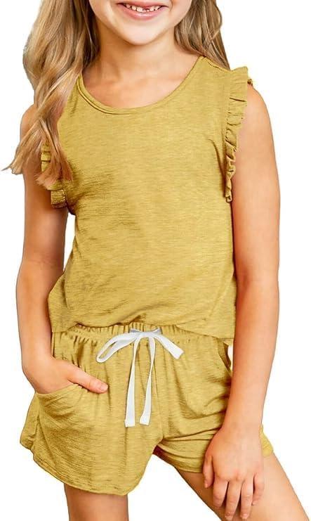 DOKOTOO KIDS Girls Summer Outfits Girl Clothes Sleeveless Tops and Shorts Set with Pockets Size 4-13 Years