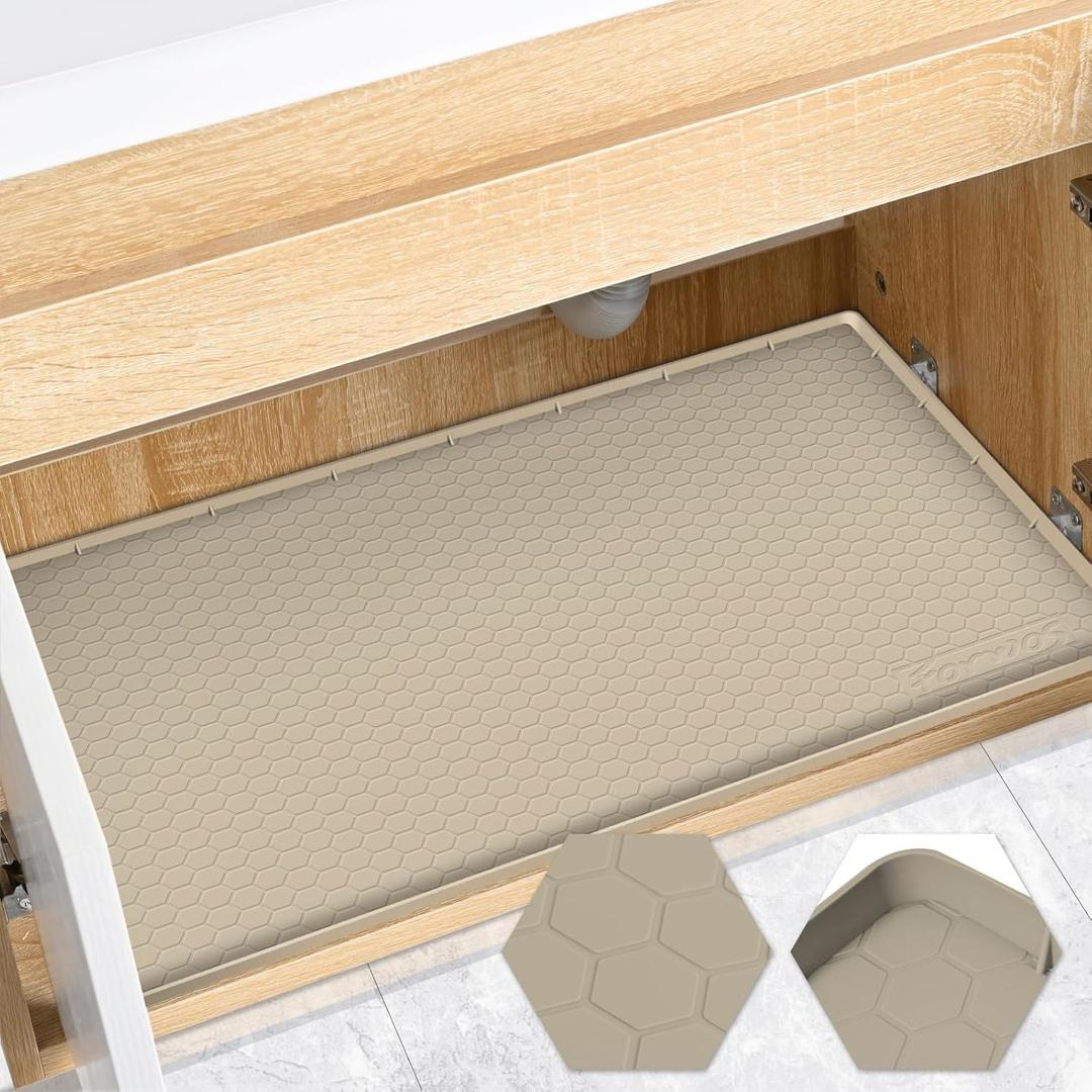 Waterproof Under Sink Mat 34" x 22", Silicone Cabinet Liner, Rubber Protector for Kitchen and Bathroom, Keeps Cabinets Clean, Dry, and Organized (Khaki)