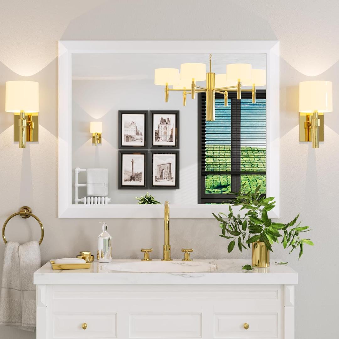 Amorho Bathroom Mirror, 40X32 Inch White Thick Metal Framed Wall Mirrors for Vanity, Bedroom, Living Room, Entryway, Rectangle Wall-Mounted Mirrors(Horizontal/Vertical).