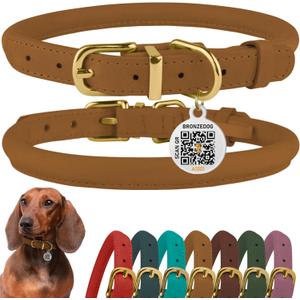 BronzeDog Rolled Leather Dog Collar with QR ID Tag, Adjustable Soft Round Collars for Dogs Puppy (11" - 14 1/2" Neck Size, Light Brown)