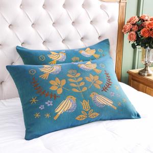100% Organic Washed Cotton Boho Pillowcases for Skin-Friendly Set of 2-1000 Thread Thick Count, Bird Pattern Pillow Shams Cover, Soft Breathable Queen Pillow Cases,20x30 Inches-Teal
