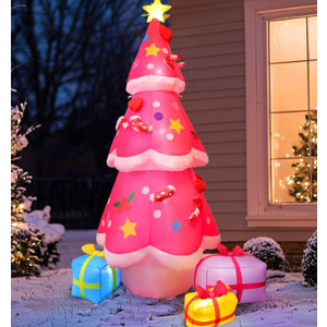 JOIEDOMI 7 FT Tall Christmas Tree Inflatables Outdoor Decoration, Christmas Inflatable Pink Tree with 3 Gift Boxes, Blow Up Xmas Tree with Build-in LEDs for Xmas Outdoor Yard Garden Lawn Deco