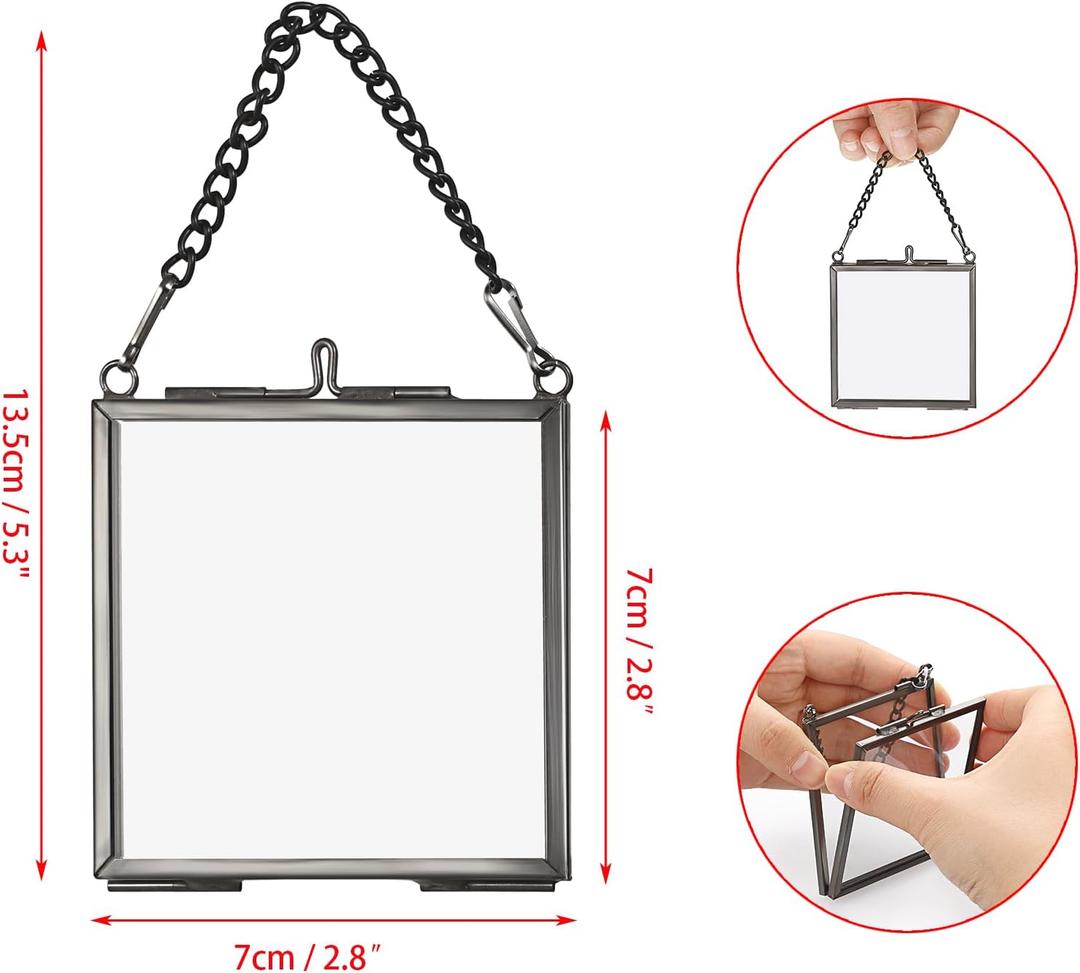 JUXYES Set of 2 Mini Brass Wall Hanging Photo Frame, Square Glass Hanging Picture Artwork Display Frame, Double Glass Floating Frame Style Gallery Wall Frame for Picture, Pressed Flower, Black