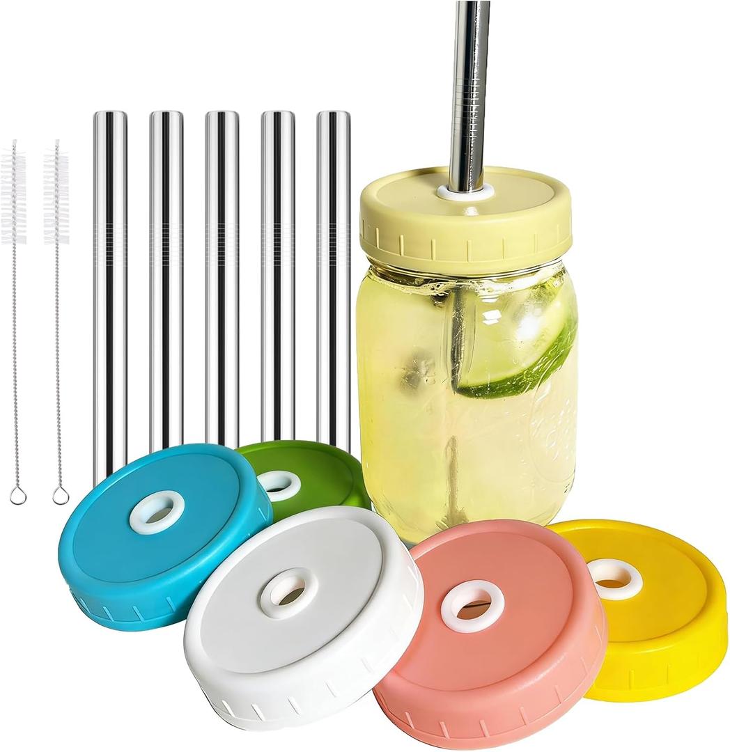 Mason Jar Lids, 6 Pack 86mm Wide Mouth Mason Jar Lid with Straw Hole for Ball Caning Jar - Drinking Coffee, Smoothies, Boba-Milk Tea, Dishwasher-safe & Leak-proof