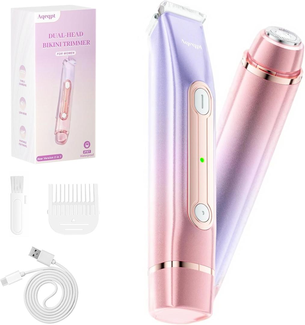 Bikini Trimmer for Women, Electric Razors with Dual Heads, Rechargeable Pubic Hair Trimmer with IPX7 Waterproof, Painless Pro Shaver for Underarm Leg Arm Body Face Private AreaRoyalRose