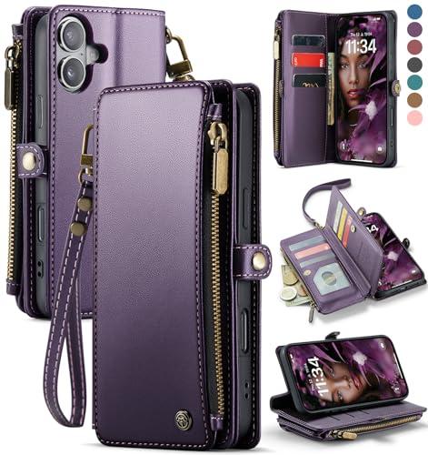 Defencase Compatible with iPhone 17 Case Wallet with RFID Blocking Card Holder for Women and Men, Fashion PU Leather Magnetic Snap Flip Zipper Strap Wallet Phone Case for iPhone 17 6.3", Purple