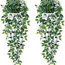Waipfaru 1Pcs Fake Hanging Plants with Pot Deep Green Eucalyptus Leaves UV Resistant Fake Vines Ivy Artificial Plants Outdoor Faux Plants Indoor Bedroom Living Room Boho Wall Porch Shelf Decor