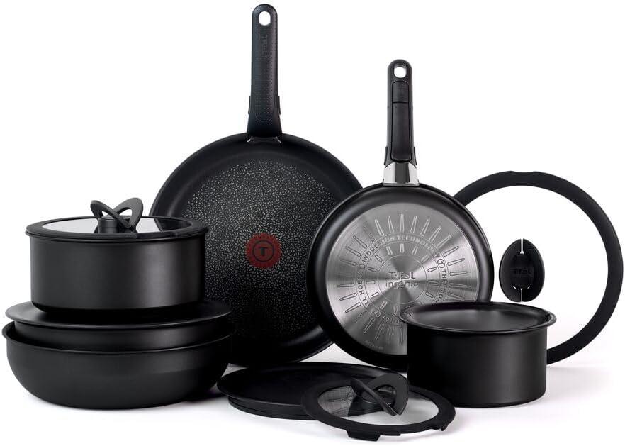 T-fal Ingenio Expertise Non Stick Cookware Set 14 Piece, Induction Oven Broiler Safe 500F, Detachable/Removable Handle, Kitchen, Pots and Pans, RV, Camping, Fry Pans, Saucepans, Dishwasher Safe Black