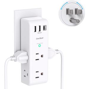 Surge Protector Outlet Extender with Rotating Plug - One Beat 6 AC Multi Plug Outlet with 3 USB Ports (1 USB C), 1800J Wall Charger, 3-Sided Power Strip Spaced Outlet Splitter for Home Office Travel (White)