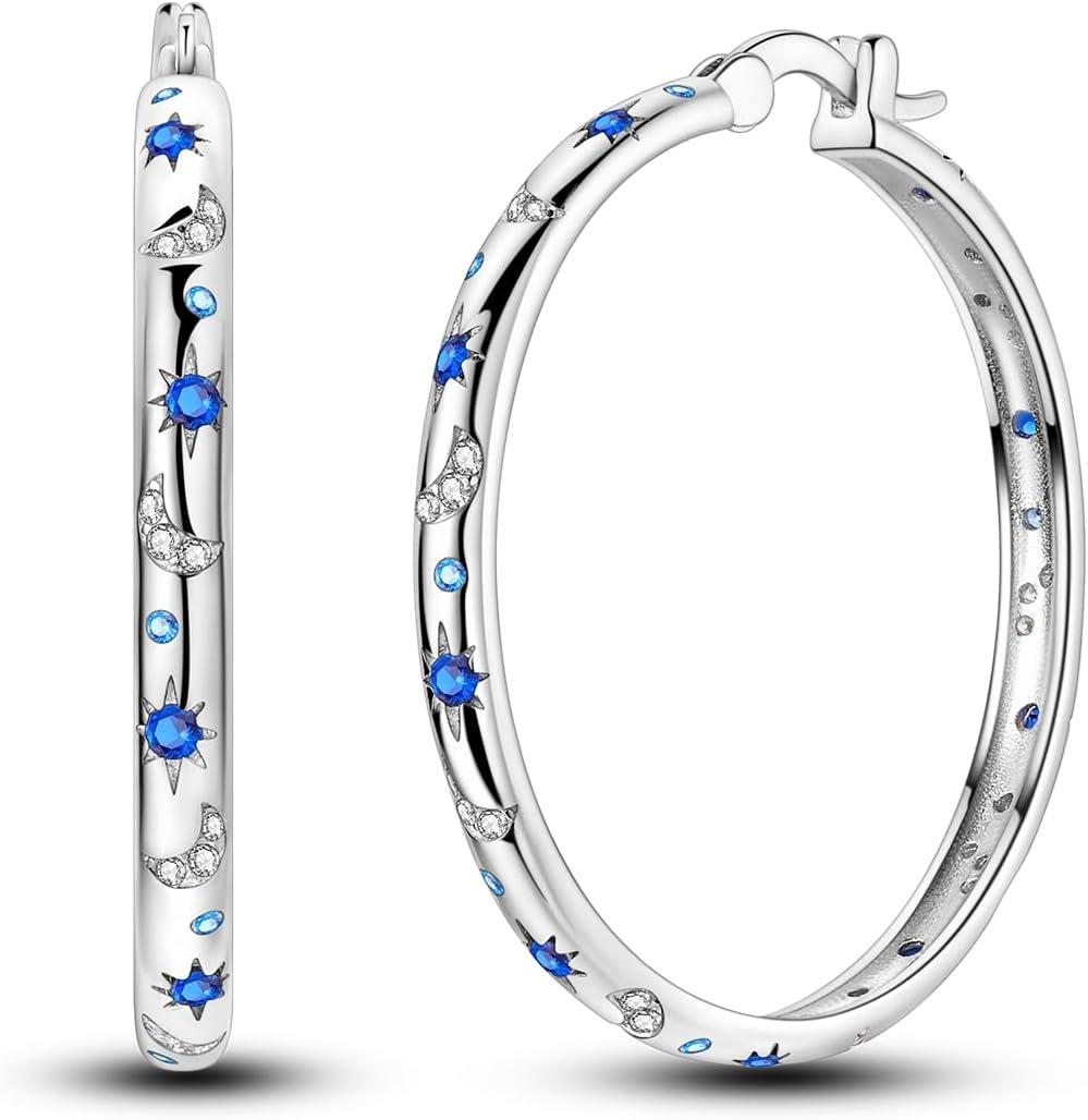 Hapour Sterling Silver Cubic Zirconia Hoop Earrings for Women Teen, Hypoallergenic Rhinestone Earrings Sparkly Crystal Moon Star Hoops, Round#A