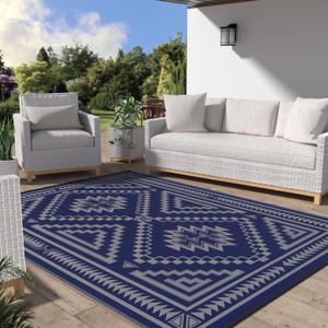 GENIMO Outdoor Rug for Patio Clearance - 6x9 ft Waterproof Plastic Camping Rugs, Reversible Outside Rv Mat Carpet for Porch, Deck, Picnic, Balcony, Beach, Backyard, Blue Grey
