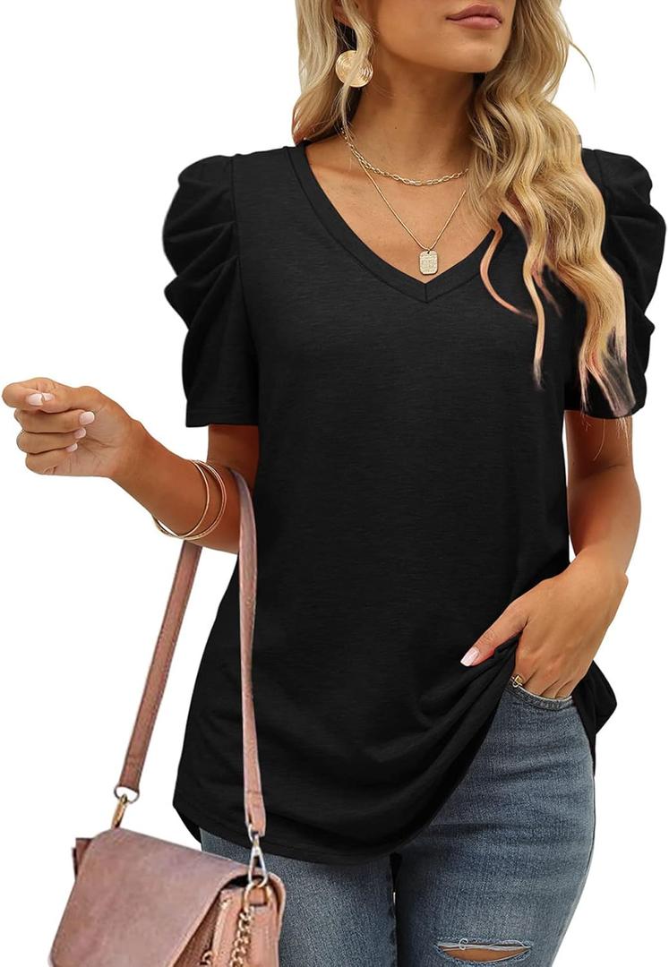Womens Summer Shirt V Neck Casual Loose Fit Tshirts Puff Short Sleeve Tops (Black, S)