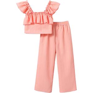 xueteox Summer Outfits for Girls 2 Piece, Pink Short Sleeve Top and Long Pants Set Cute Toddler Kids Clothes. (Pink)