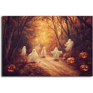 MNFGMH Moody Ghost Canvas Painting Autumn Vintage Wall Art Halloween Decor Spooky Fall Art Ghosts in the Forest Picture Cottage Halloween Decor Canvas Roll 16x24 inch (Color10-Unframed)