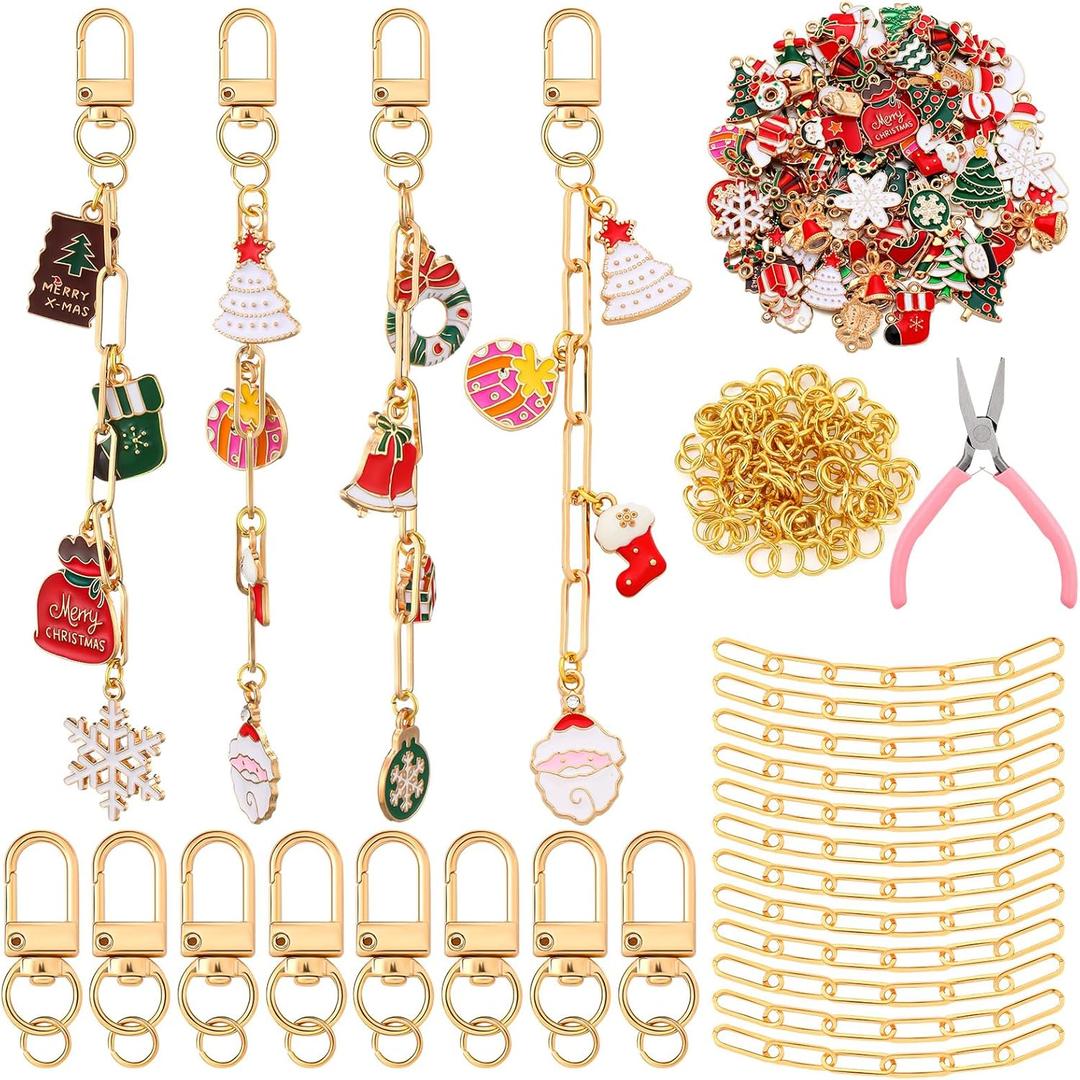 Tondiamo 266 Pieces Christmas DIY Gold Keychain Making Kit Bat Christmas Tree Santa Charm Jewelry Making Snowflakes Stocking Ornaments Bulk for Key Ring Art Adults Women Bag Gift (Red)