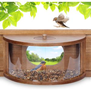 MIXXIDEA Wooden Bird Feeder With 180 Degree Clear View, Large Window Mount, Easy-Refill Top, Easy to Assemble, 23-36" Wide for Watching (Brown)