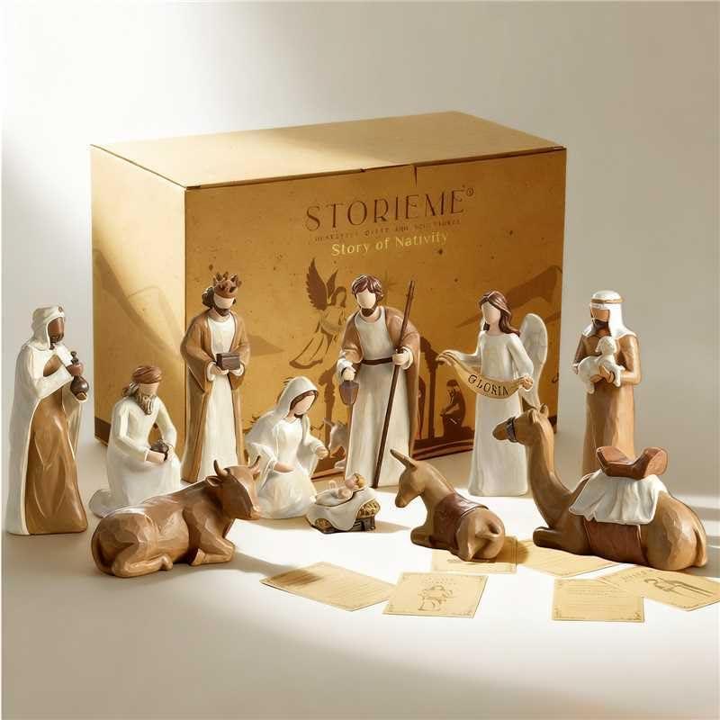 Storieme Nativity Set for Christmas Indoor: 12-Piece 7.87 Inches Resin Nativity Figures with The Three Wisemen - Christian Holy Family Traditional Figurines Tabletop Mantel Decorations