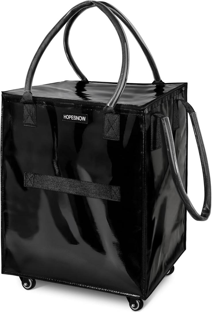 Reusable Grocery Bag on Wheels, Foldable Rolling Tote Bag with Wheels and Handle, Shopping Trolley Zipper Closure, Lightweight Black Bag Capacity Up to 66 lb, Black, Large