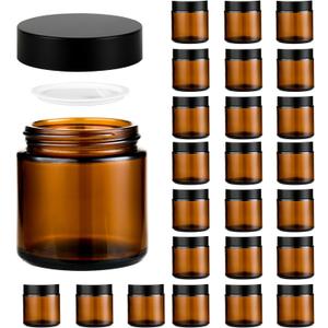 4 oz Reusable Amber Glass Container Jars 24 Pack with Wide-mouth Leak Proof Cap and Inner Pull-On Lid for Travel Storage Makeup, Face Creams, Body Lotions, DIY Crafts or Others