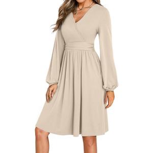 Dokotoo Womens 2026 Spring Summer Wrap V-Neck Long Sleeve Empire Waist Dress Elegant Mini Dresses with Pockets (M)