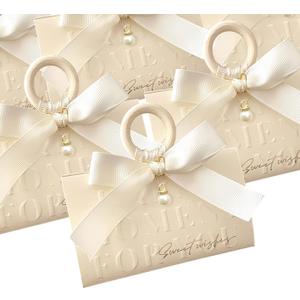 ZJSXINDI 15 Pcs Favor Boxes Gift Wrap Boxes Pale Beige Gift Box 5"x 3" For Party Favor, Weddings, Bridal Showers, Bridesmaids... Gift Wrap Boxes Bulk for Crafting (white ribbons)