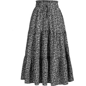 MSLG Women's High Elastic Waist Midi Skirt Casual Summer Trendy Tie Front Flowy Ruffle Floral Print A line Skirts 626 (S)
