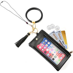 2 x Keychain Credit Card Bracelet Pouch With Transparent Window Tassel Silicone Beads Lanyard For Womens (Black)