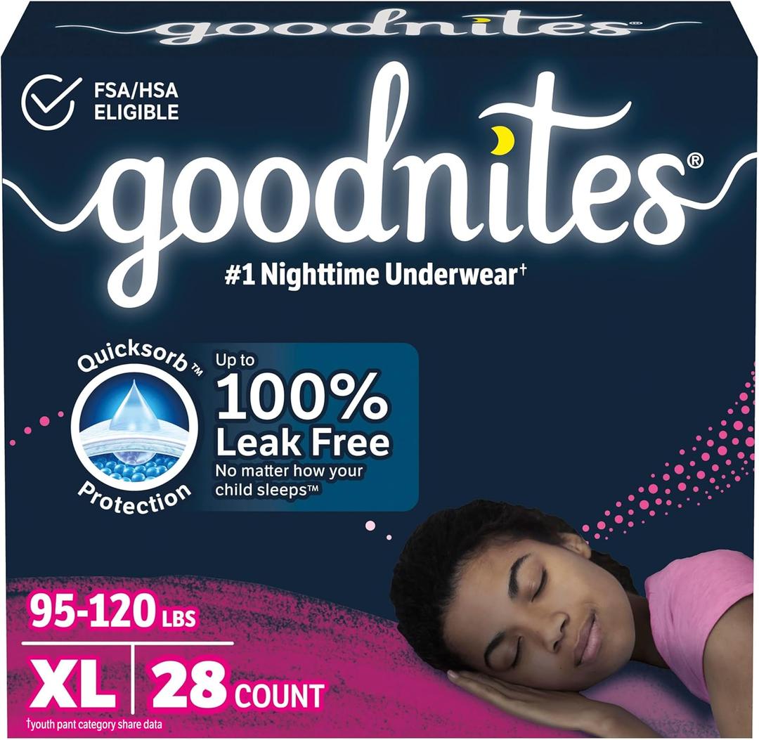 Goodnites Girls' Nighttime Bedwetting Underwear, Size Extra Large (95-120 lbs), 28 Ct (2 Packs of 14)