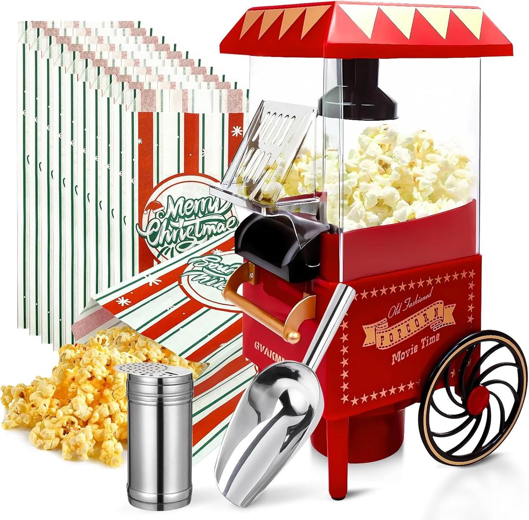 Popcorn Machine, Hot Air Popcorn Maker Kit Gift Box, Portable Home Popcorn Popper Machine, 10-Cup,Oil-Free,Retro Style,Compact and Cute