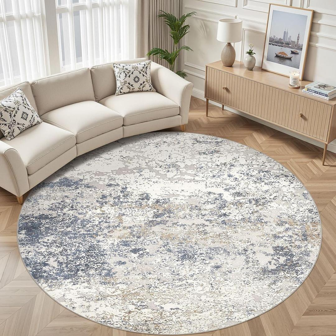 DMOYEST 10ft Round Area Rug Living Room Rugs - 10x10 Washable Circle Rug Large Soft Indoor Neutral Modern Abstract Low Pile Carpet for Bedroom Dining Room Farmhouse Home Office - Beige Blue