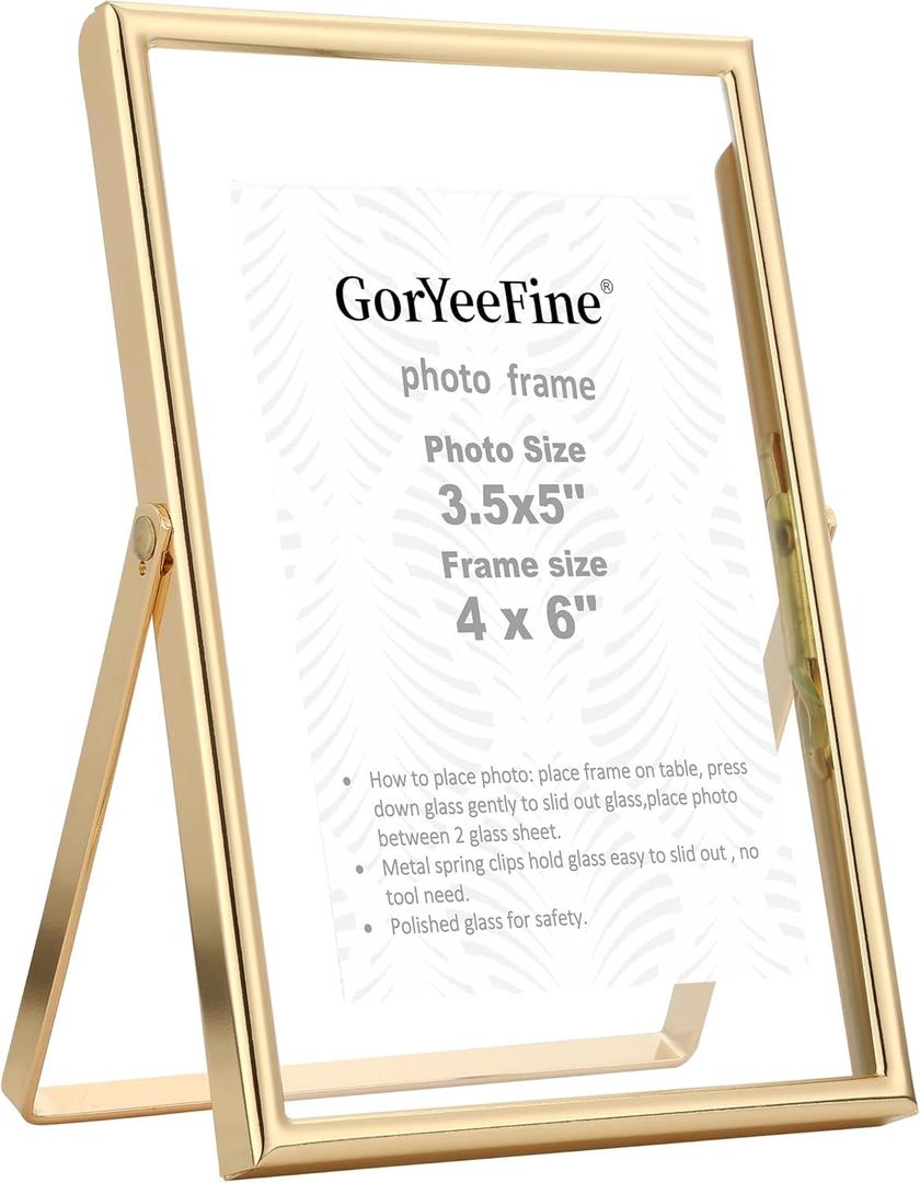 Gold 4x6" Floating Picture Frame for Photo(2x3'',3.5x5''),Adjustable Tabletop/Shelf,Floating Picture Frames 2x3'',Classy Metal Gift Frames for Wedding,Thanksgiving,Christmas