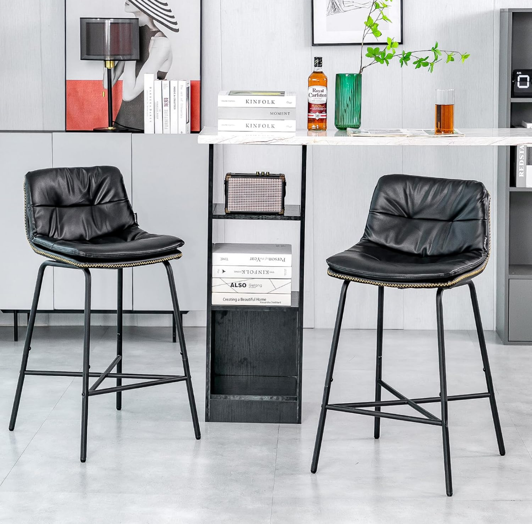 Modern 24 Inch Leather Counter Stools Set of 2 Mid Century Modern Bar Stools Upholstered Counter Height Stool Kitchen Island Chairs with Back Armless Dining Room Chairs for House Rustic Pub Black
