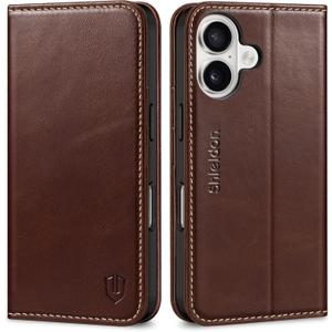 SHIELDON Case for iPhone 16 5G, Genuine Leather Foldable Wallet Magnetic Cover Kickstand RFID Blocking Credit Card Holder Shockproof Phone Case Compatible with iPhone 16 6.1" 2024 - Retro Coffee