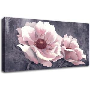 YJYart Canvas Wall Art Pink Flower Wall Decor 24" x 48" Floral Paintings on Gary Background Modern Artwork for Living Room Bedroom Kitchen Office (24x48, Pink)