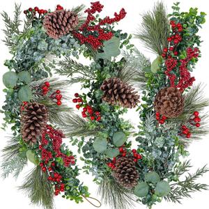 Long Artificial Eucalyptus and Pine Christmas Garland with Pine Cones Red Berries Winter Greenery Garland Christmas Season Holiday Wedding Table Runner Centerpiece Mantel Decor