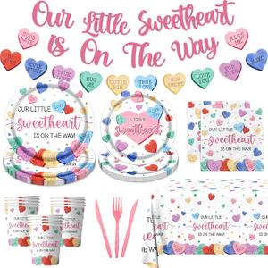 Sweetheart Baby Shower Paper Plates and Napkins Valentine's Day Conversation Heart Decorative Tableware Little Sweetheart is on the Way Decorations for Valentines Birthday Anniversary Serve 20