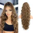 FLUFYMOOZ Ponytail Extension, 26 Inch Drawstring Ponytail Hair Extensions for Women， Long Curly Wavy Ponytail Natural Synthetic Hairpiece for Women (26" Dark Ash Blonde with Highlights)