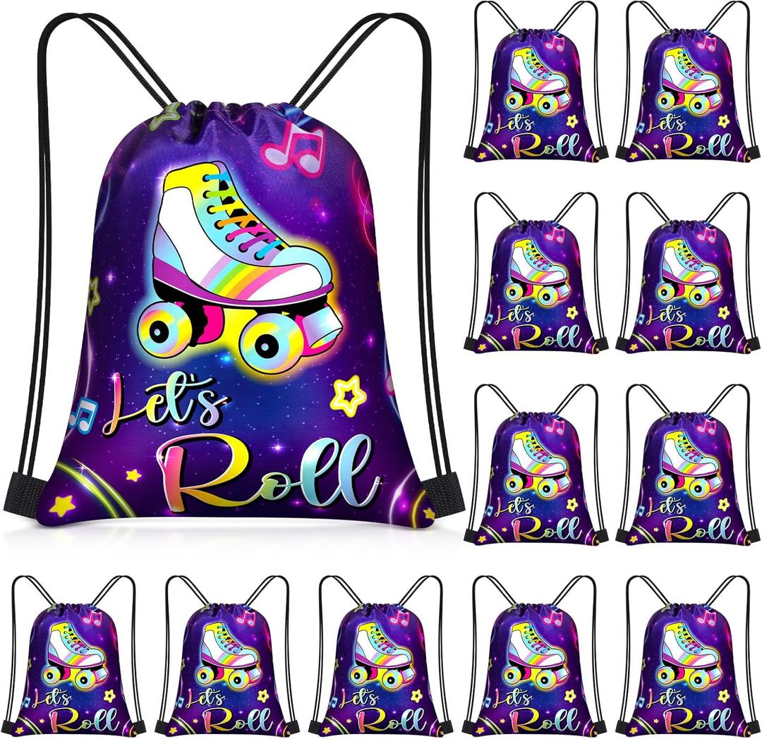 Censen 36 Pcs Roller Skate Party Favor Drawstring Bags Bulk 12 x 10 Inches Skating Goodie Treat Gift Bag for Girl Boy Birthday Party