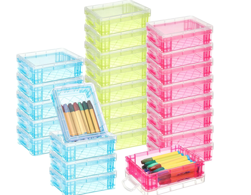 Suzile 25 Pcs Plastic Crayon Boxes with Snap Lids Crayon Storage Organizer Stackable Container Bulk Pencil Case for Pen Crafts Classroom Supplies(Red, Blue, Green)
